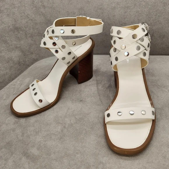 Michael Kors Heeled Sandals 7.5 White Woven Leather Irene Studded Silver New$195